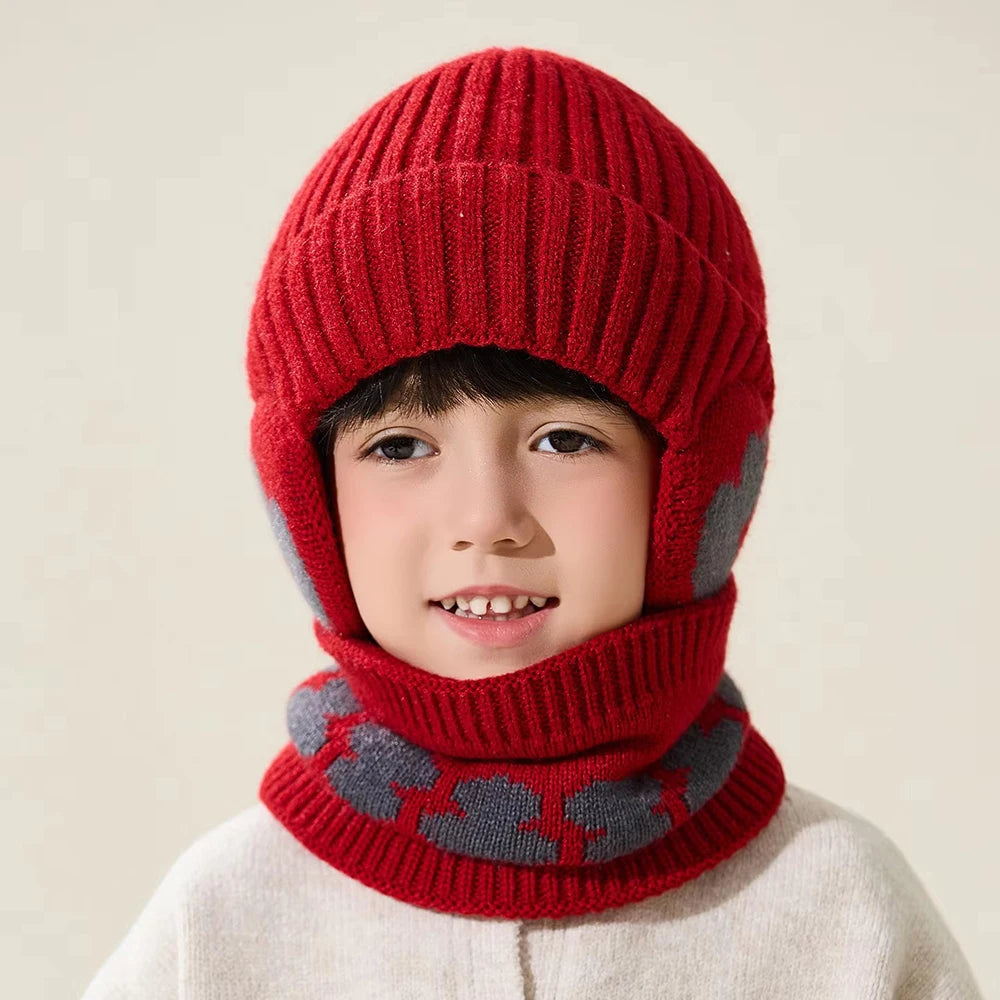 Bonnet Écharpe Enfant Hiver - Cagoule Tricotée Coton Protège-Oreilles