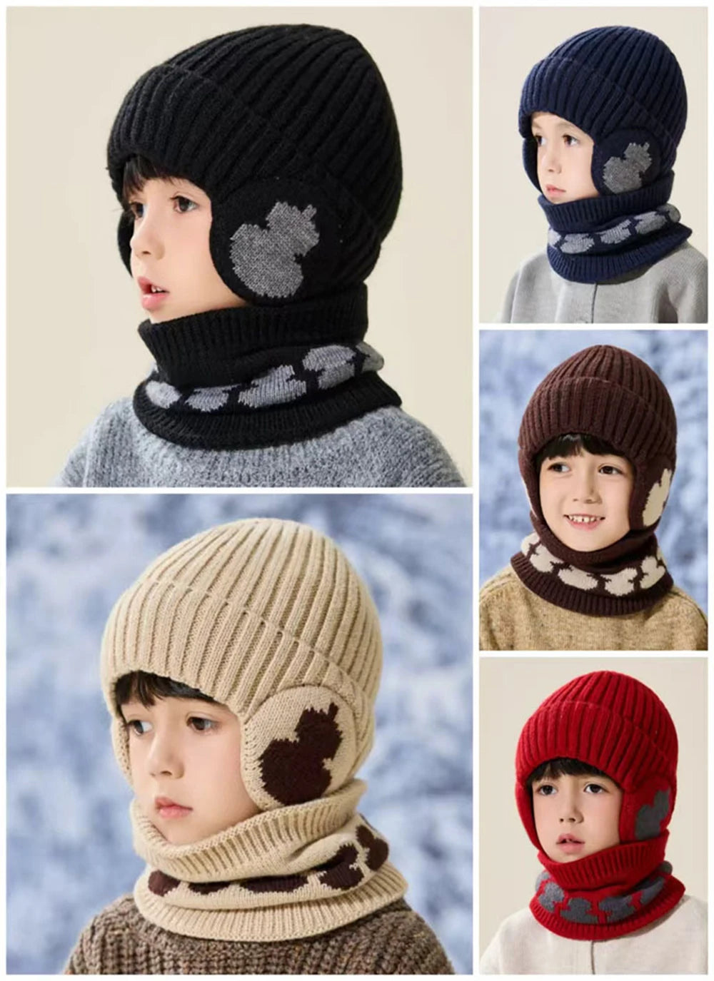 Bonnet Écharpe Enfant Hiver - Cagoule Tricotée Coton Protège-Oreilles