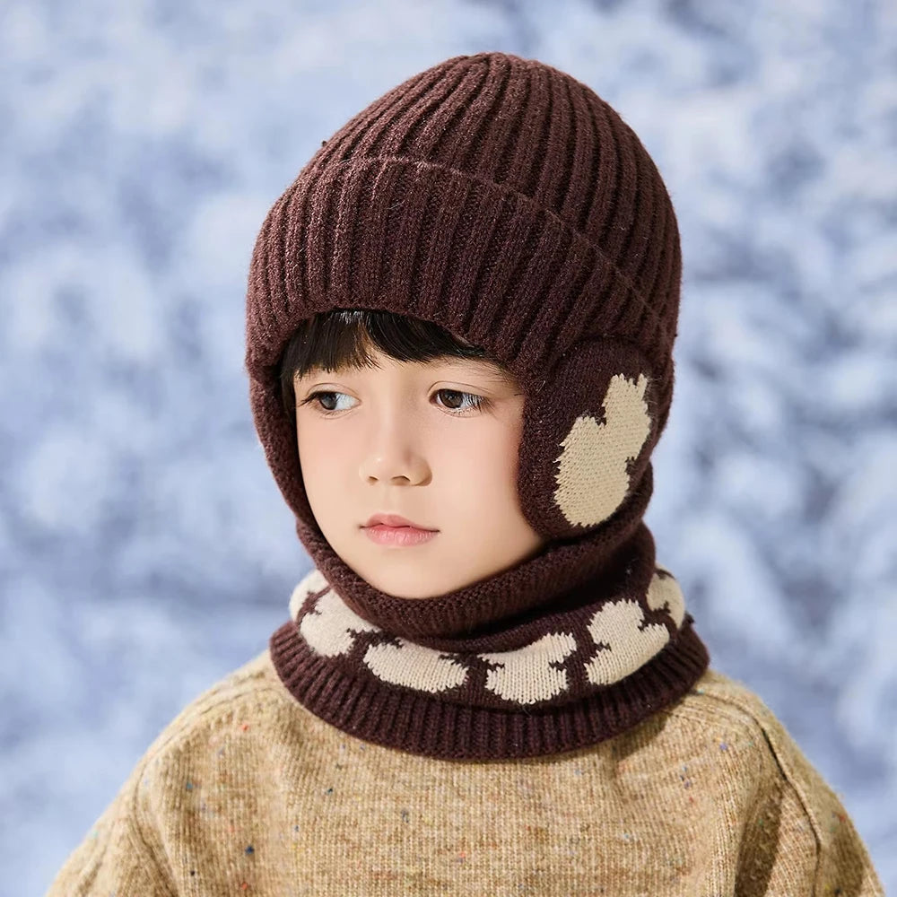 Bonnet Écharpe Enfant Hiver - Cagoule Tricotée Coton Protège-Oreilles