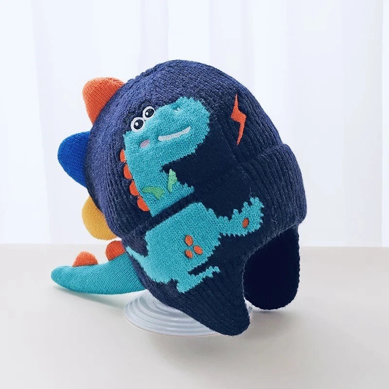 Bonnet Enfant Dinosaure 3D - Cagoule Tricotée Protège-Oreilles 2-6 Ans