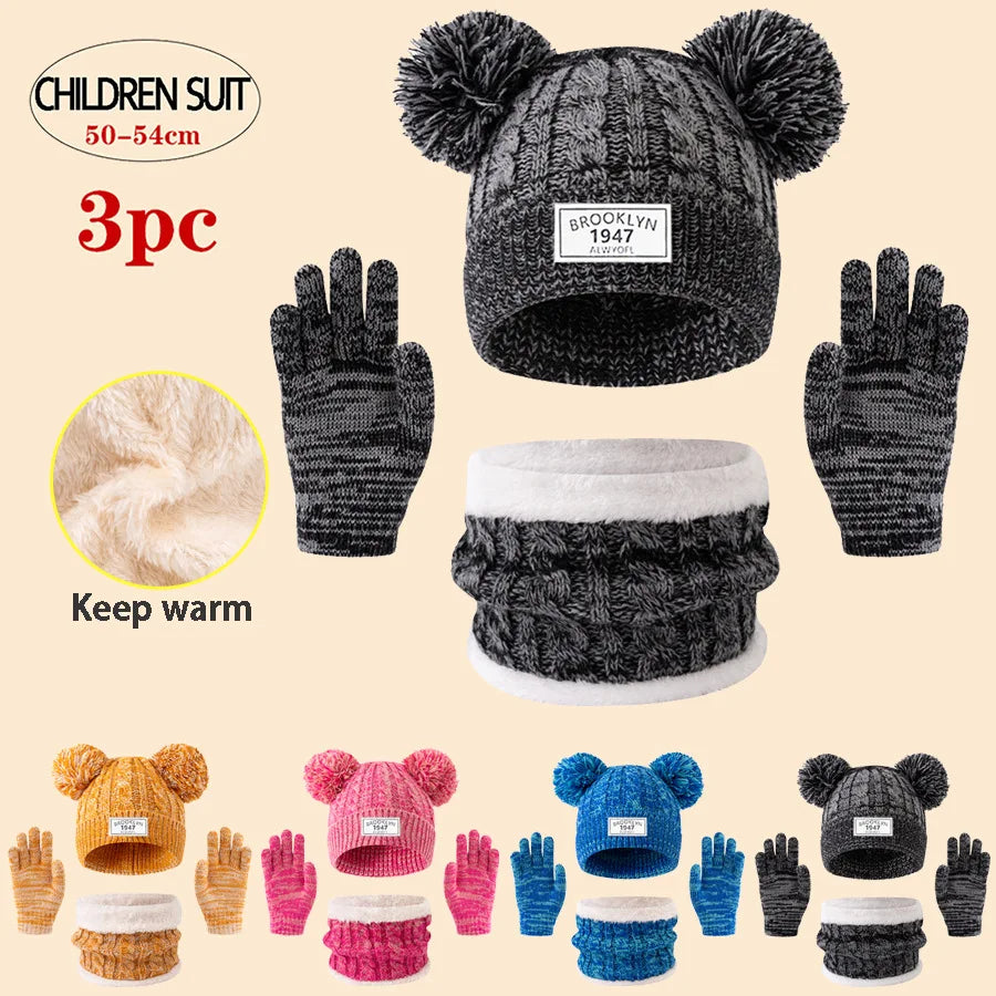 Ensemble Hiver Enfant 3 Pièces - Bonnet Écharpe Gants Tricotés 3-12 Ans