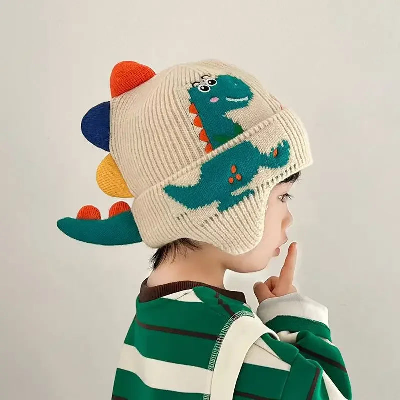 Bonnet Enfant Dinosaure 3D - Cagoule Tricotée Protège-Oreilles 2-6 Ans