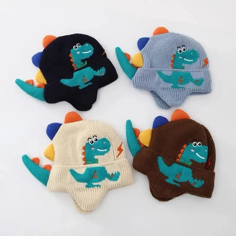 Bonnet Enfant Dinosaure 3D - Cagoule Tricotée Protège-Oreilles 2-6 Ans