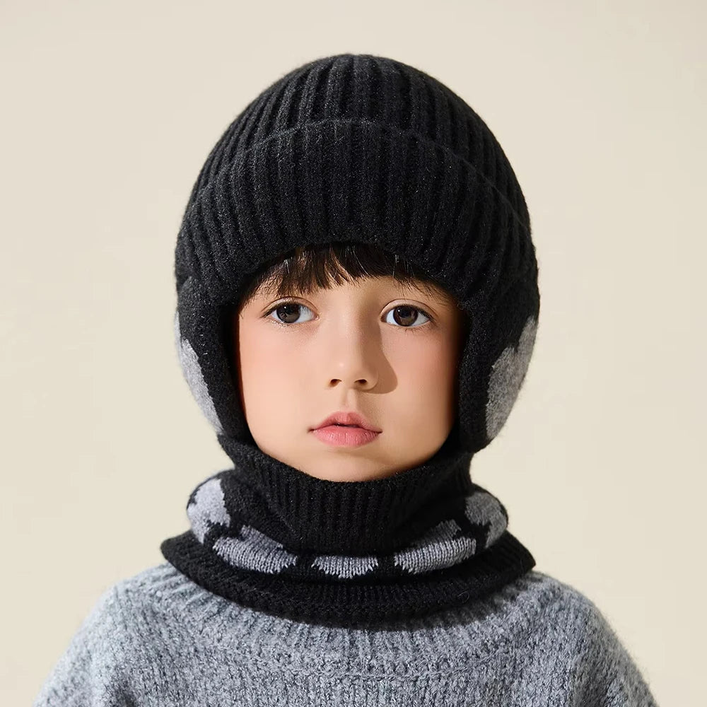 Bonnet Écharpe Enfant Hiver - Cagoule Tricotée Coton Protège-Oreilles