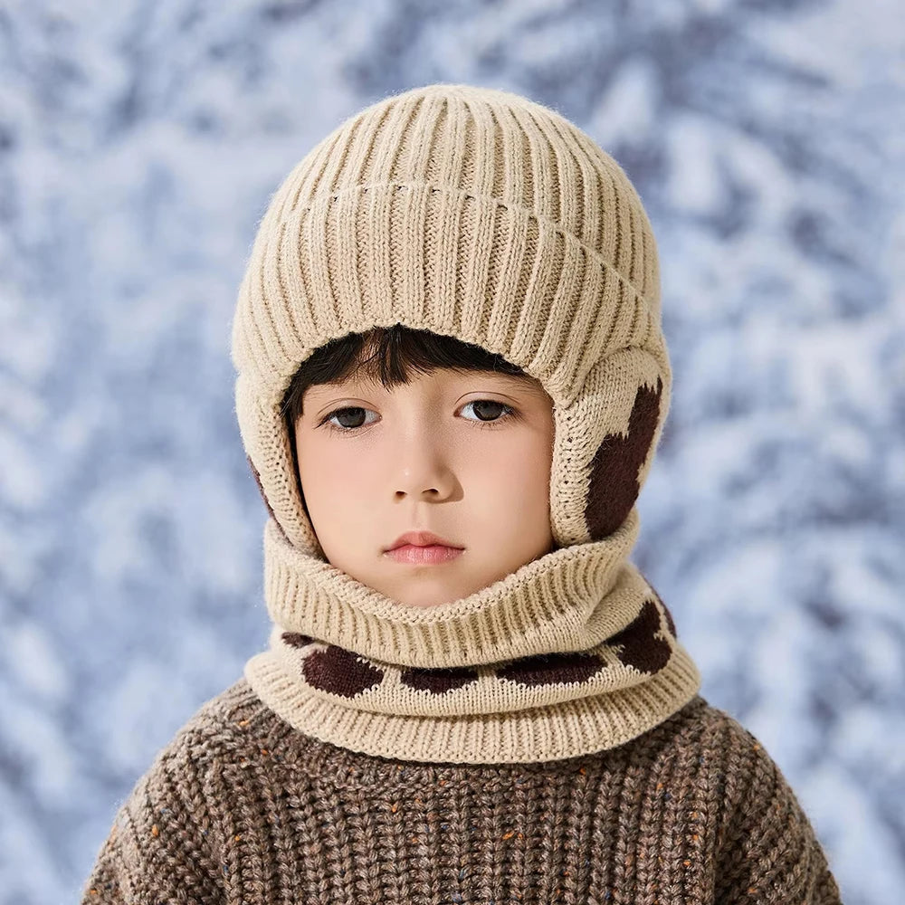 Bonnet Écharpe Enfant Hiver - Cagoule Tricotée Coton Protège-Oreilles
